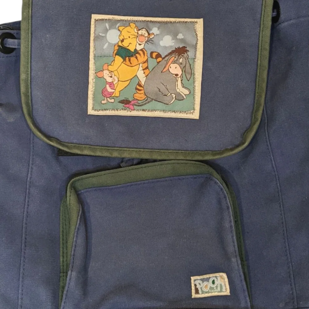 Vtg Pooh Canvas Drawstring Backpack Blue Green Disney Tigger Eeyore Piglet  90s